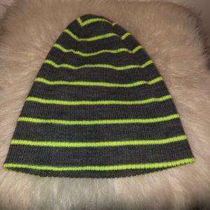 Green and gray striped beanie